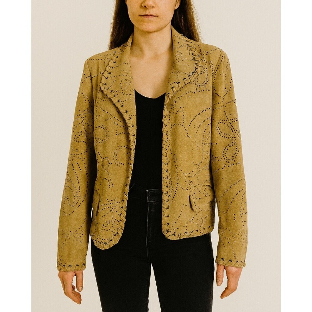 Chicos Jacket 2 Faux Suede Micro-fiber Lazer Cut Jacket tan/beige western SZ 1